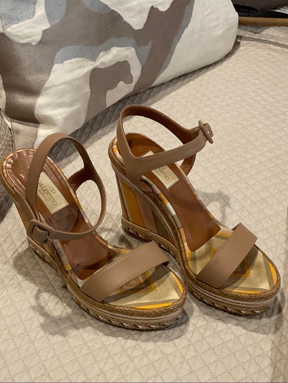 Valentino Garavani Tan Leather Wedge Sandals with Ankle Strap